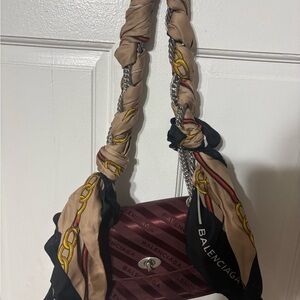 Balenciaga Burgundy and Black Shoulder Bag with Scarf Detail